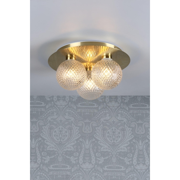 Laura Ashley Prague 3 Light Satin Brass Flush Bathroom Ceiling Light Complete With Textured Glass Globes - IP44