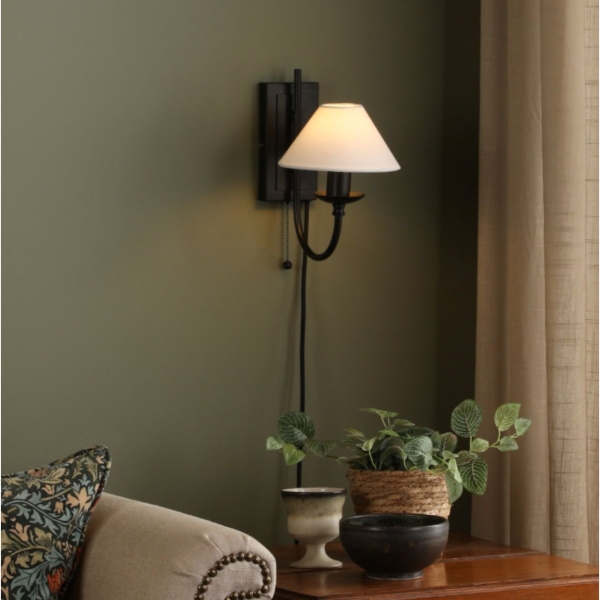 Dar Sivan Plug In Wall Light In Matt Black With White Fabric Shade