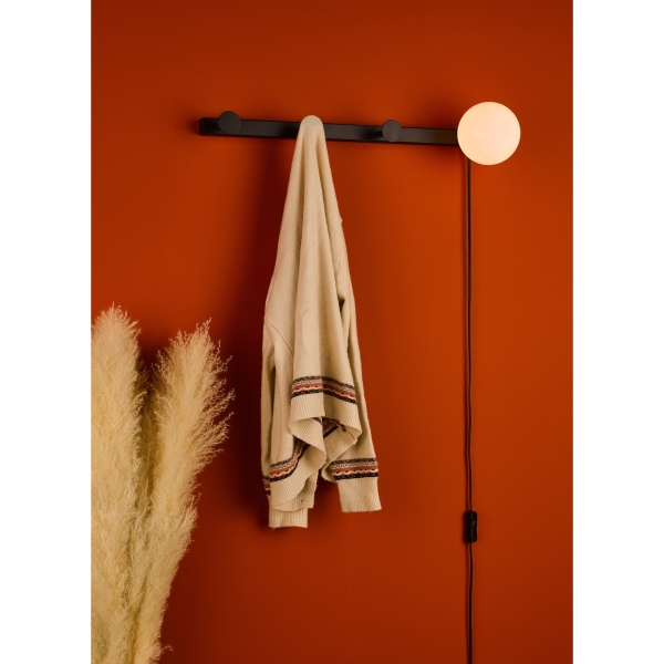 Dar Rack Plug In Wall Light & Coat Hanger In Matt Black With Opal Glass Globe