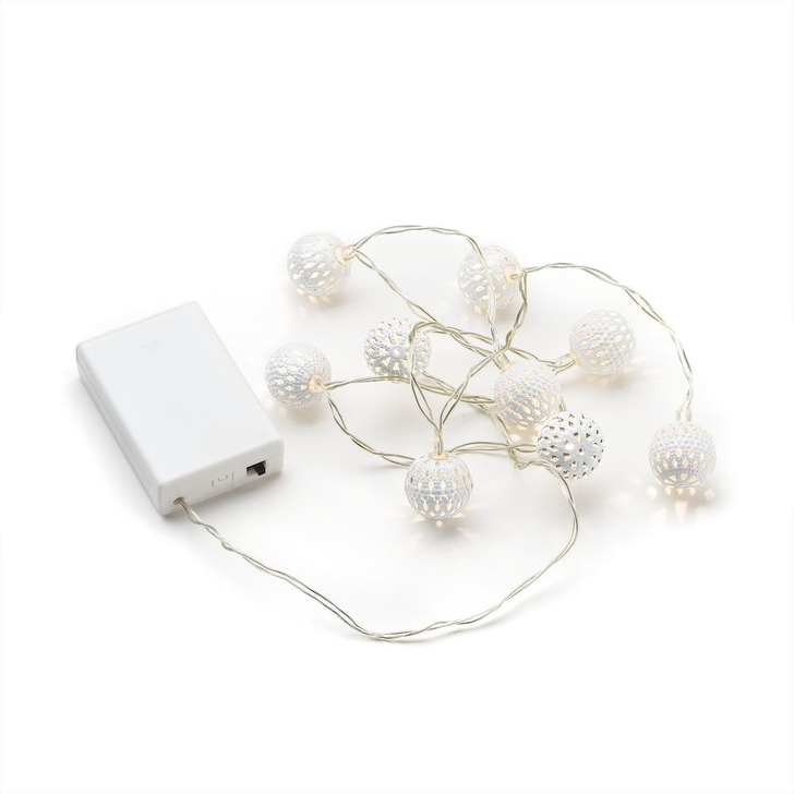 10 White Metal Balls Christmas Light Set - Battery Operated