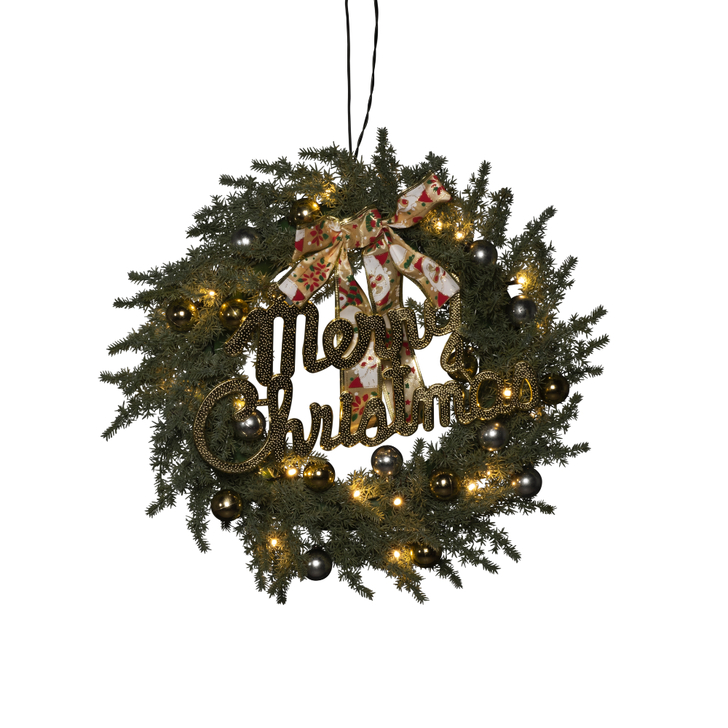 40cm Christmas Door Wreath With Merry Christmas Sign And Bow - Battery Operated