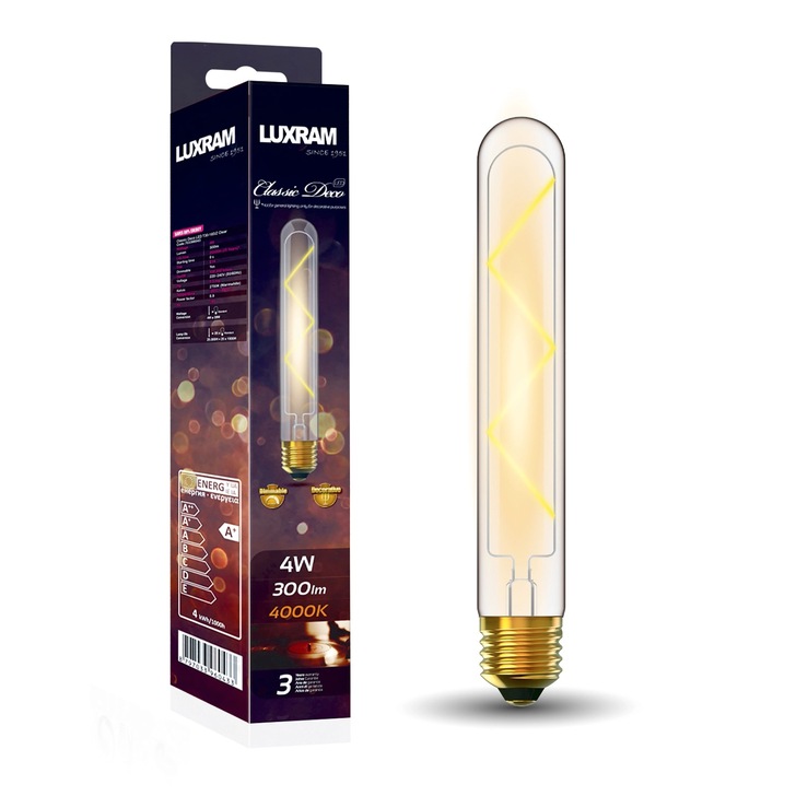 4W LED Classic Deco Clear Dimmable 185mm Tubular Lamp With Decorative Filament - E27, 4000K