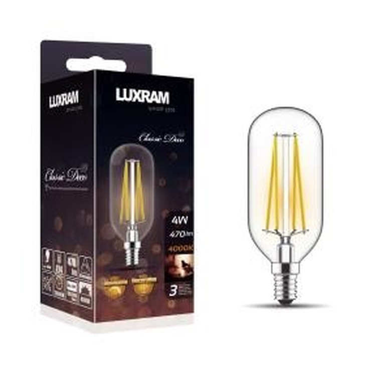 4W LED Classic Deco Clear Dimmable T45 Lamp With Decorative Filament - E14, 4000K