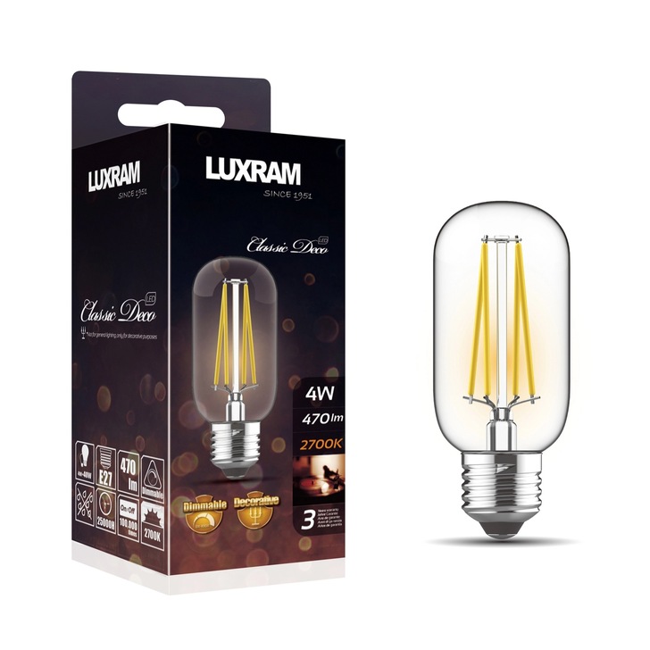 4W LED Classic Deco Clear Dimmable T45 Lamp With Decorative Filament - E27, 2700K