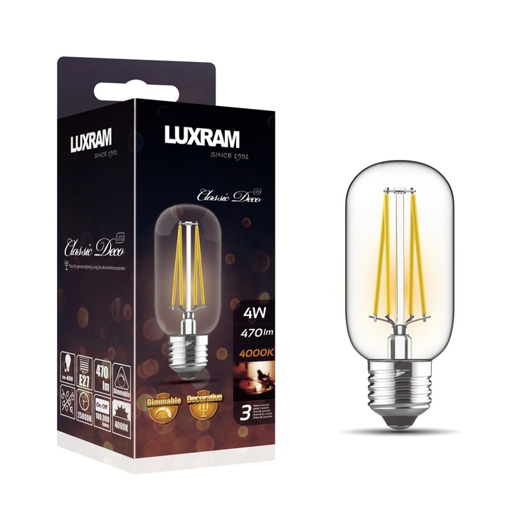 4W LED Classic Deco Clear Dimmable T45 Lamp With Decorative Filament - E27, 4000K