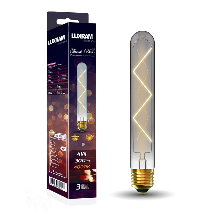 4W LED Classic Deco Smoke Finish Dimmable 185mm Tubular Lamp With Decorative Filament - E27, 4000K