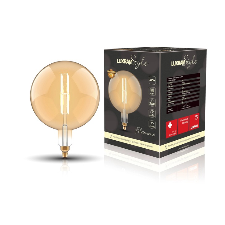 4W LED Classic Style Amber Finish Dimmable Globe Lamp - E27, 2100K