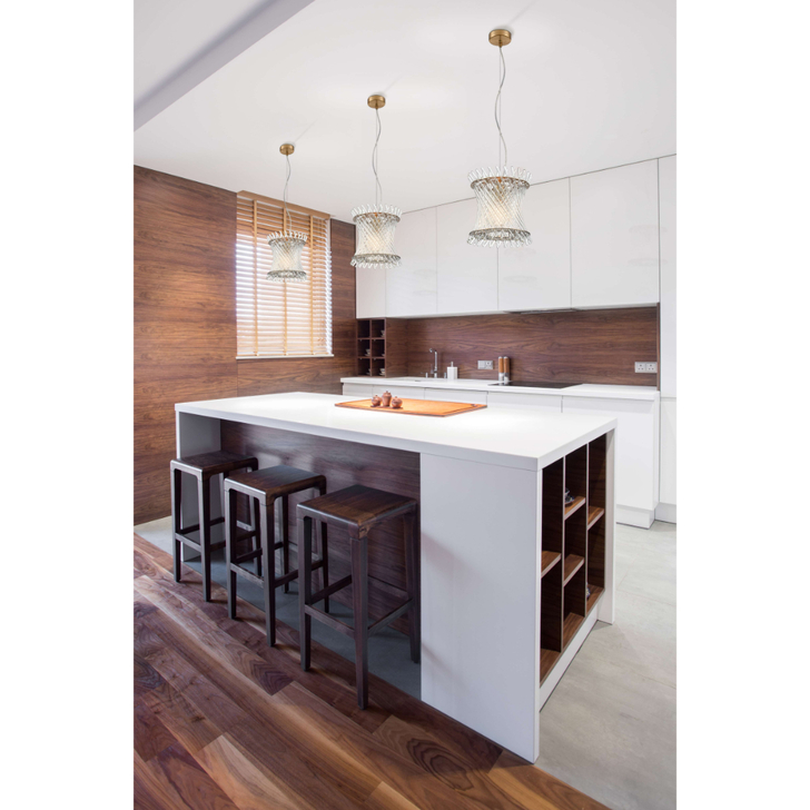 FRANKLITE ETHEREAL AGED BRASS 3 LIGHT PENDANT COMPLETE WITH CLEAR GLASS RODS - 390MM
