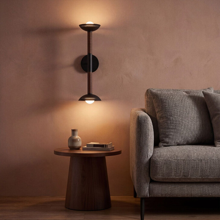 Alora Mood Alm Matt Black And Walnut Wood 2 Light Dimmable Led Wall Light - 3000K