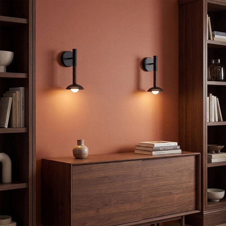 Alora Mood Alm Matt Black And Walnut Wood Dimmable Led Wall Light - 3000K