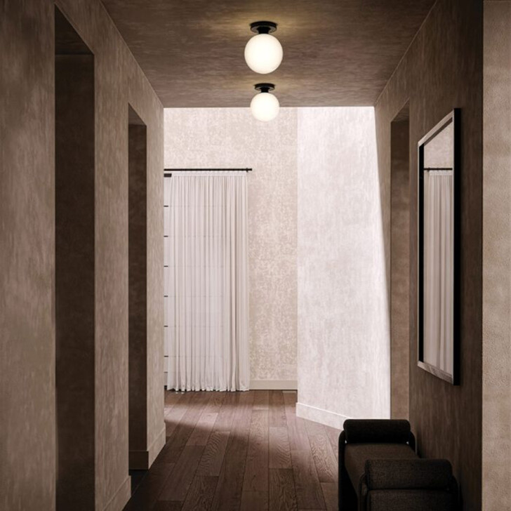 Alora Mood Otis Flush Matt Black Ceiling Light Complete With Shiny Opal Glass - IP44