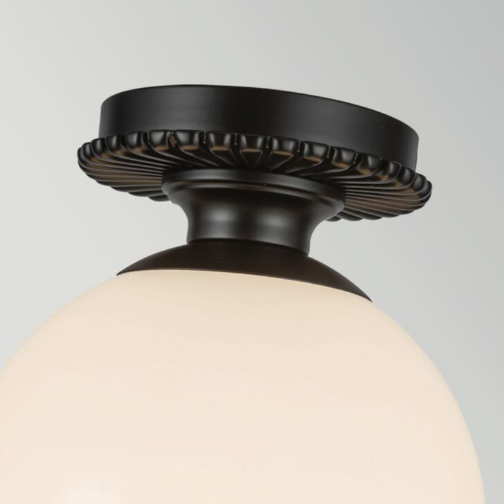 Alora Mood Otis Flush Matt Black Ceiling Light Complete With Shiny Opal Glass - IP44