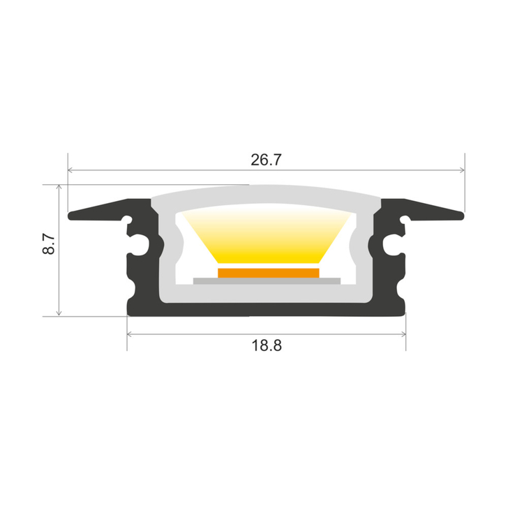 Aluminium LED Strip Profile IP65 Recessed 1M With Frosted Diffuser 26.7 X 8MM For IP33 10MM Width Strip