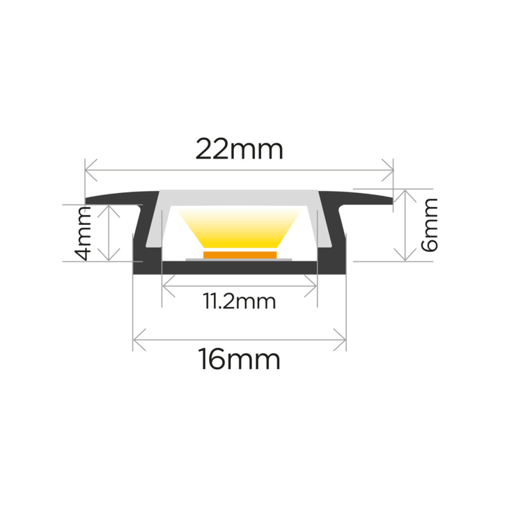 Aluminium LED Strip Profile Recessed 2M With Clear Clip-In Diffuser 22 X 6MM For Max 10MM Width Strip