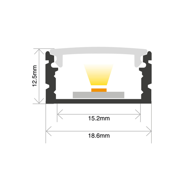 Aluminium LED Strip Profile Surface Mount 1M With Clear Diffuser 18.6 X 12.5MM For Max 14MM Width Strip