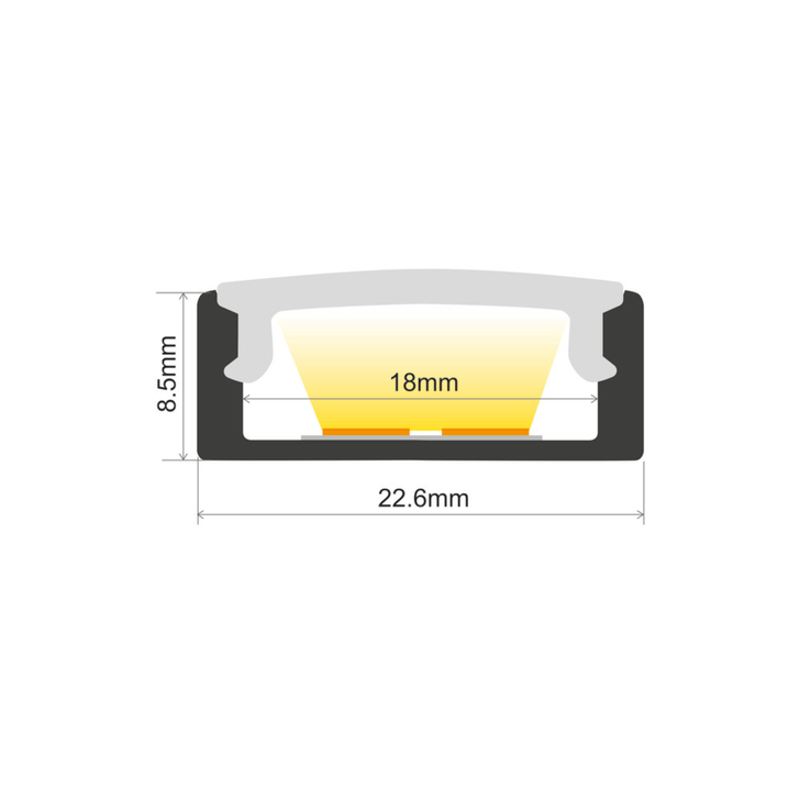 Aluminium LED Strip Profile Surface Mount 1M With Frosted Diffuser 22.6 X 8.5MM For Max 16MM Width Strip