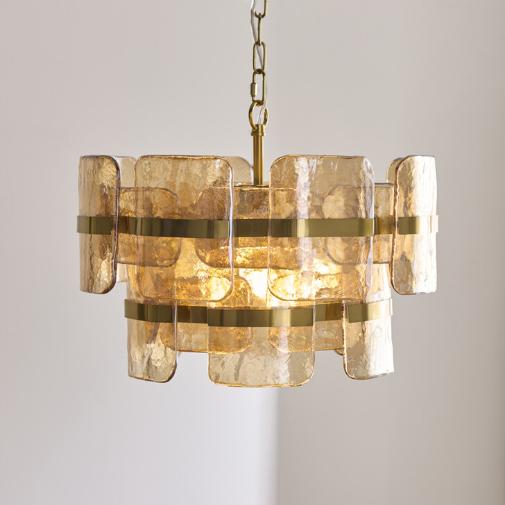 Ancara Brushed Aged Brass Finish 3 Light Pendant Light Complete With Champagne Textured Glass