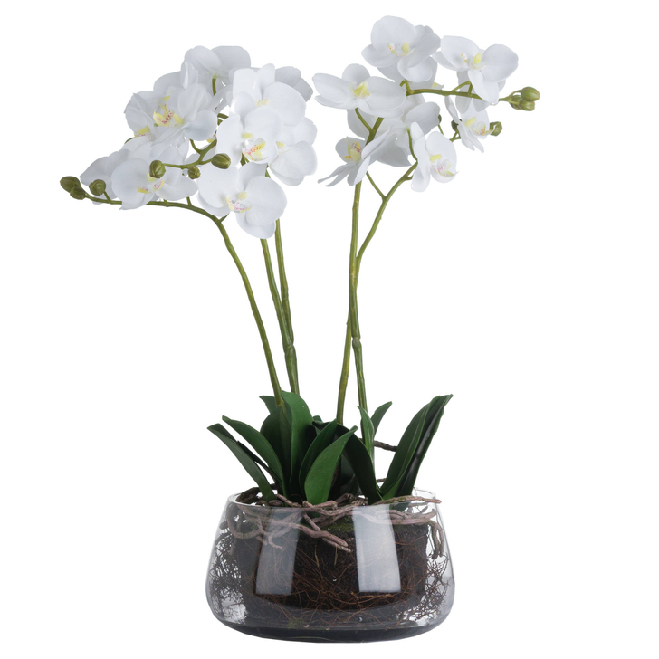 Artificial White Orchid Plant With Clear Glass Pot