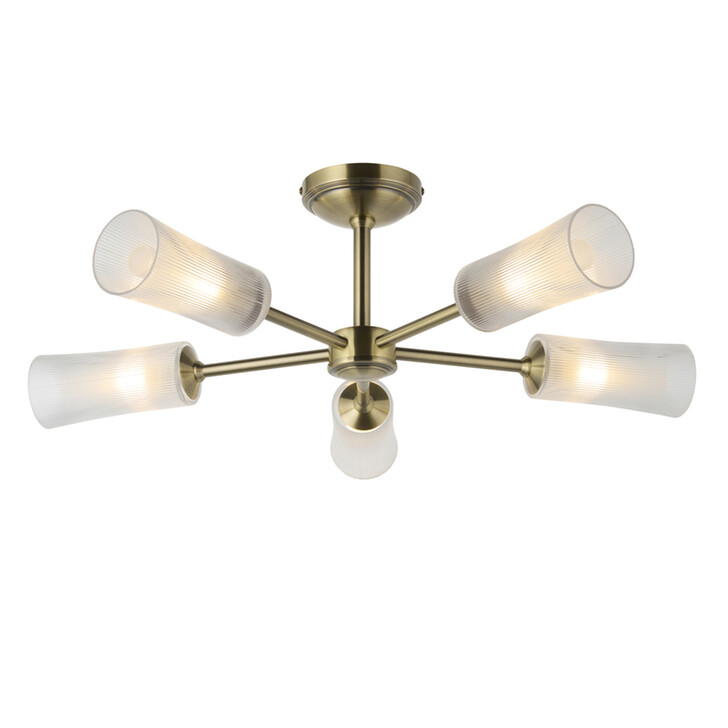 Avelyn Antique Brass 5 Light Semi-Flush Ceiling Light Complete With Clear Ribbed Glass Shades