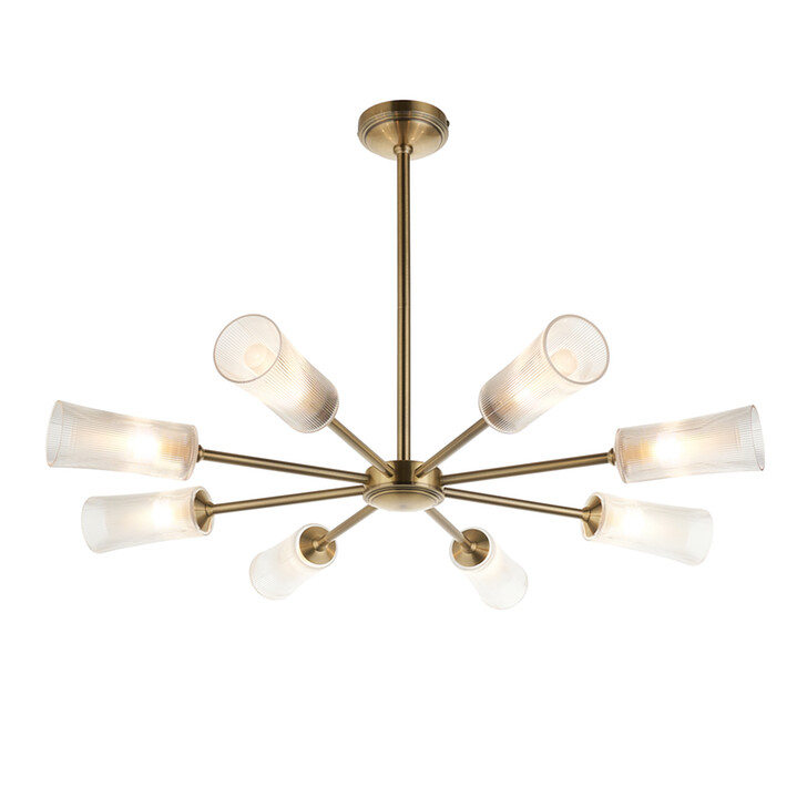 Avelyn Antique Brass 8 Light Pendant Light Complete With Clear Ribbed Glass Shades