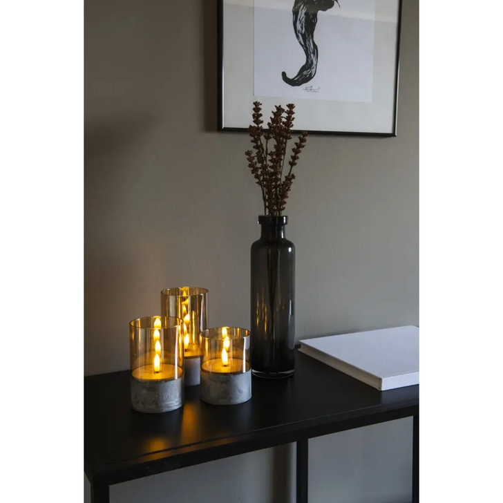 B/O Candles Brown glass, 8x10/12,5/15cm, 6H timer 2xAA