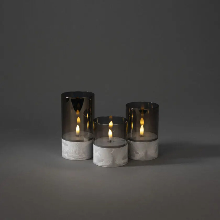 B/O Candles Grey glass, 8x10/12,5/15cm, 6H timer 2xAA