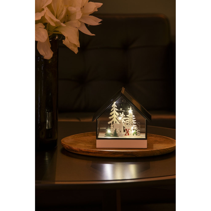 Battery Powered Glass Lantern Christmas Decoration With Wooden Base