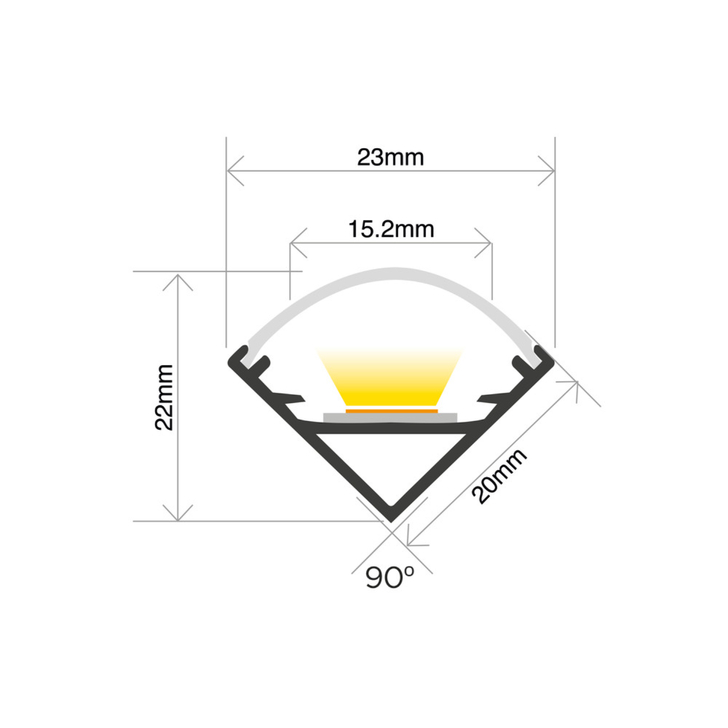 Black Aluminium LED Strip Profile Corner Surface Mount 2M With Frosted Diffuser 20 X 20MM For Max 14MM Width Strip