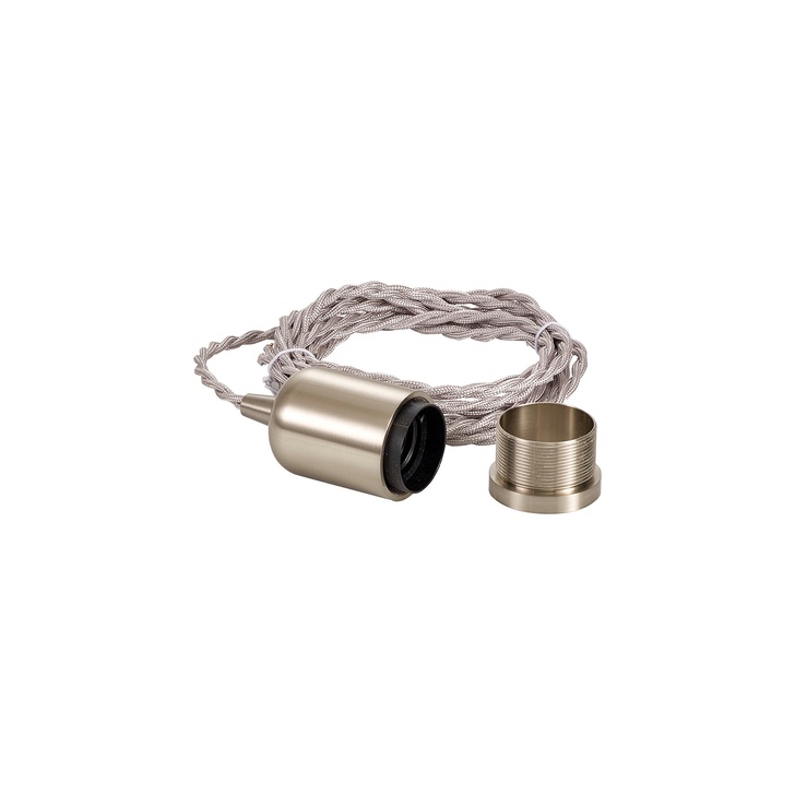 Brushed Nickel E27 Metal Lampholder Kit With Cable Clamp And 3m Silver Braided Twisted Cable