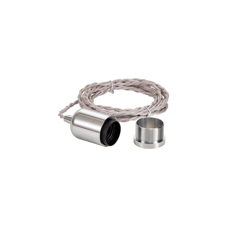 Chrome E27 Metal Lampholder Kit With Cable Clamp And 3m Silver Braided Twisted Cable