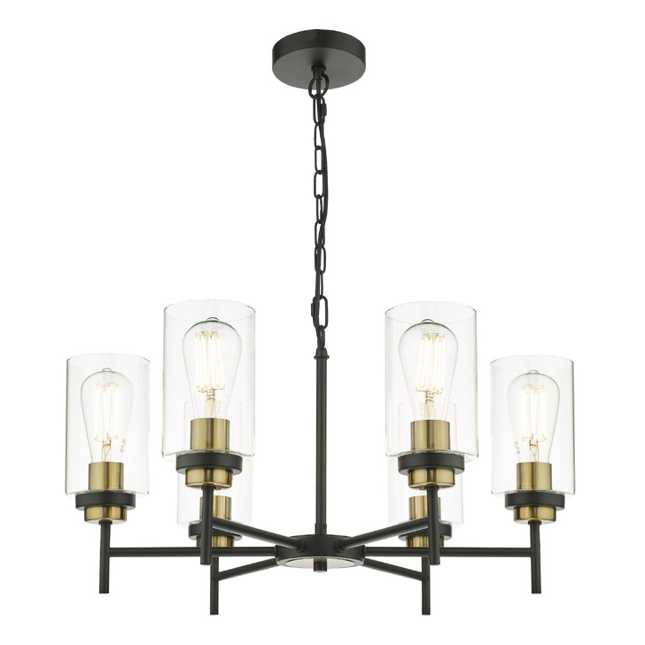 Dar Abel 6 Light Industrial Pendant Satin Black With Antique Brass Detailing & Clear Glasses