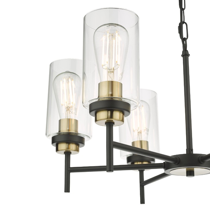 Dar Abel 6 Light Industrial Pendant Satin Black With Antique Brass Detailing & Clear Glasses