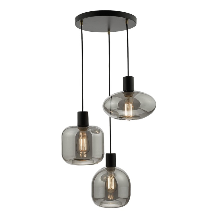 Dar Aiden 3 Light Cluster Pendant Satin Black With Assorted Smoked Glass Shades