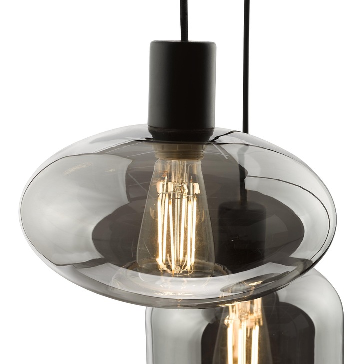 Dar Aiden 3 Light Cluster Pendant Satin Black With Assorted Smoked Glass Shades