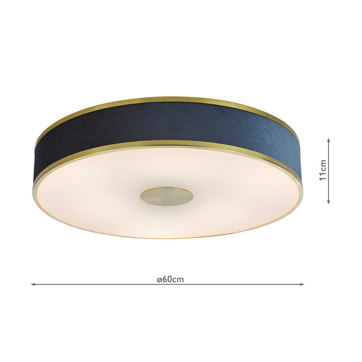 Dar Alvaro Brushed Brass 6 Light Flush Blue Velvet Fabric Ceiling Light