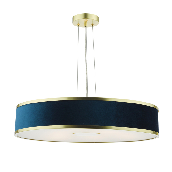 Dar Alvaro Brushed Brass 6 Light Pendant With Blue Velvet Shade