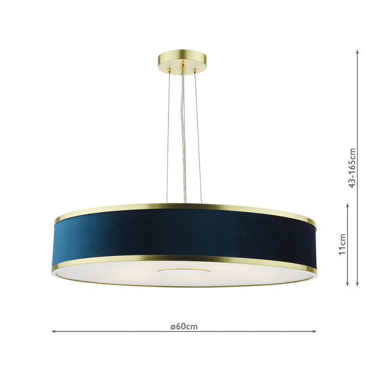 Dar Alvaro Brushed Brass 6 Light Pendant With Blue Velvet Shade