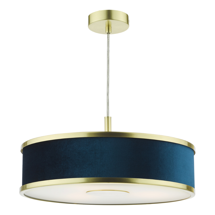 Dar Alvaro Brushed Brass Blue Velvet Fabric 3 Light Pendant Light