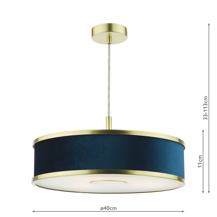 Dar Alvaro Brushed Brass Blue Velvet Fabric 3 Light Pendant Light