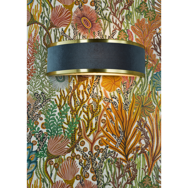 Dar Alvaro Brushed Brass Wall Light With Blue Velvet Shade