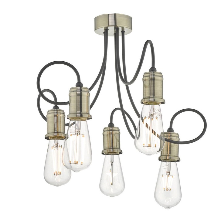 Dar Alzbet ALZ5475 5 Light Semi Flush Ceiling Light In Antique Brass & Black Finish