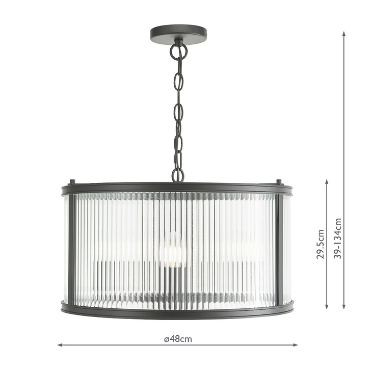 Dar Bianka 3 Light Pendant Matt Black and Ribbed Glass