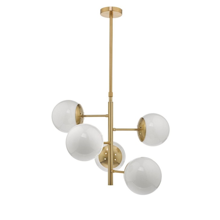 Dar Bombazine BOM0535 5 Light Pendant In Natural Brass Finish With Opal Glass