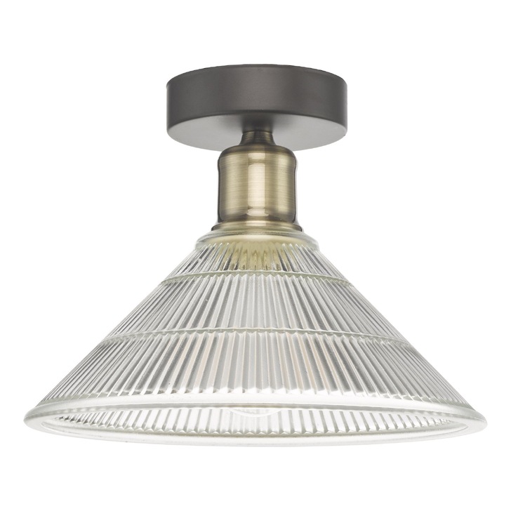 Dar Boyd Flush Ceiling Light In Antique Brass Complete With Clear Ribbed Glass Shade