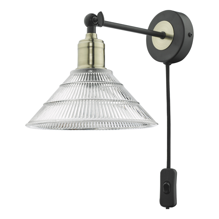 Dar Boyd Plug In Wall Light In Antique Brass & Matt Black Complete With Ribbed Glass Shade