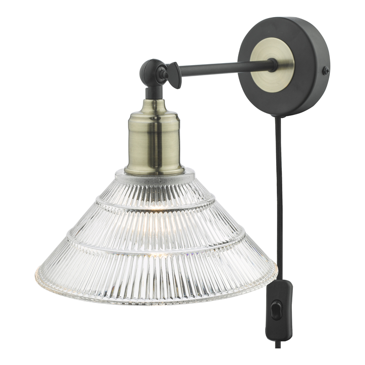 Dar Boyd Plug In Wall Light In Antique Brass & Matt Black Complete With Ribbed Glass Shade