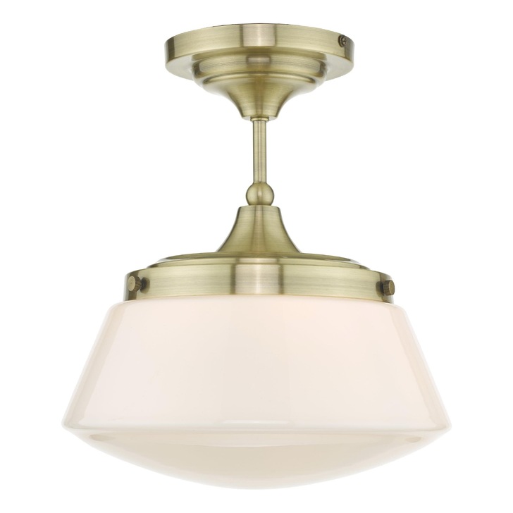 Dar Caden Semi-Flush Antique Brass Bathroom Ceiling Light Complete With Opal Glass - IP44