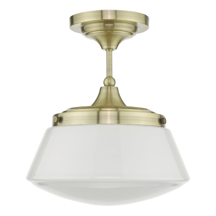 Dar Caden Semi-Flush Antique Brass Bathroom Ceiling Light Complete With Opal Glass - IP44