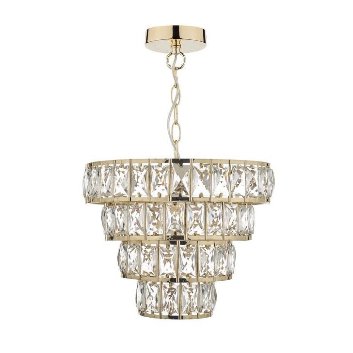 Dar Cerys CER0135 1 Light 4 Tier Pendant In Polished Gold & Crystal Finish