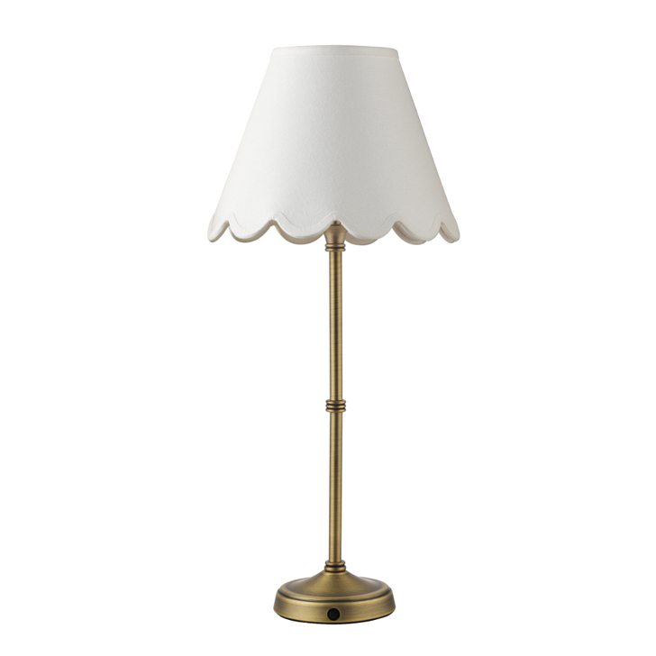 Dar Dahl Wireless Rechargeable Table Lamp Matt Antique Brass With White Linen Shade - Touch Dimmer 2800K Warm White LED